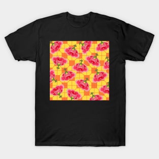 Chinese Vintage Pink and Red Flowers with Yellow and Orange Tile - Hong Kong Traditional Floral Pattern T-Shirt